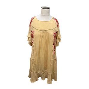 Altard State Women’s Yellow Embroidered Red Floral Boho Tunic Dress Flowy Size L